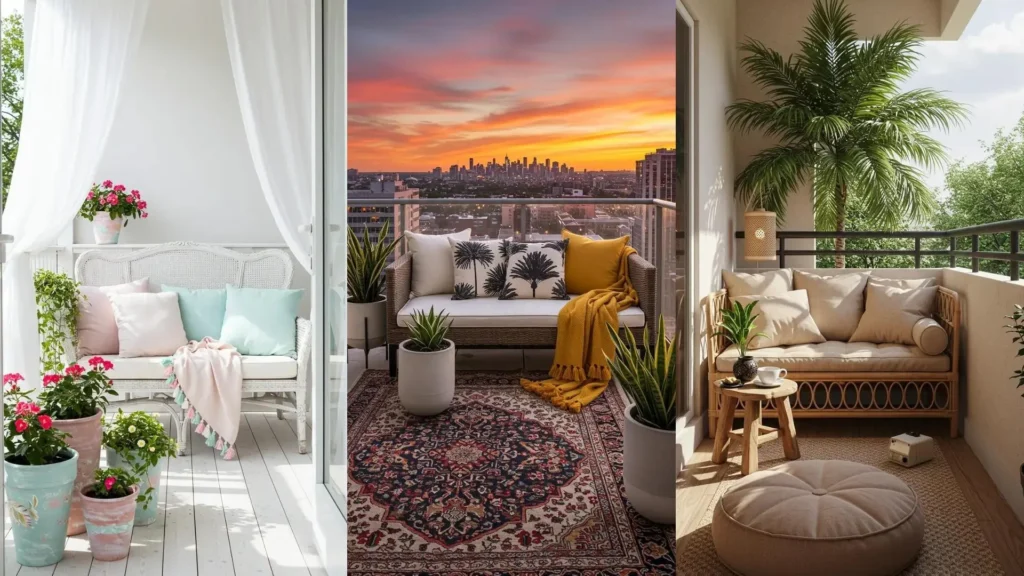 Tropical boho balconies featuring rattan settees, palm print pillows, and colorful tassels, creating relaxing lounges.