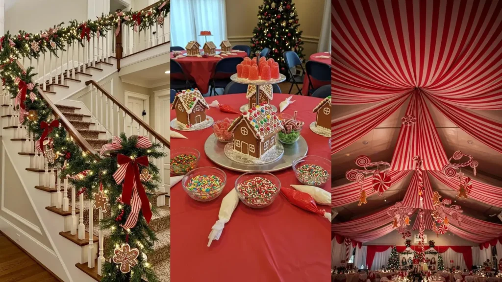 Whimsical Christmas party decorations with candy cane stripes on drapes and bows, plus gingerbread house and cookie accents.