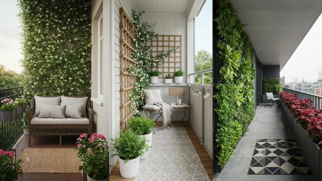Narrow balcony garden layouts with tall green walls, rail planters, and outdoor rugs for urban spaces.