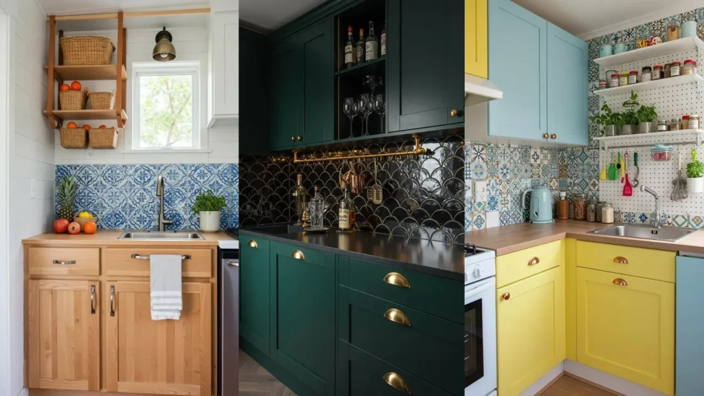 Three tiny kitchens with diverse styles: two-tone cabinets, creative hanging racks, and bold, unique backsplashes.