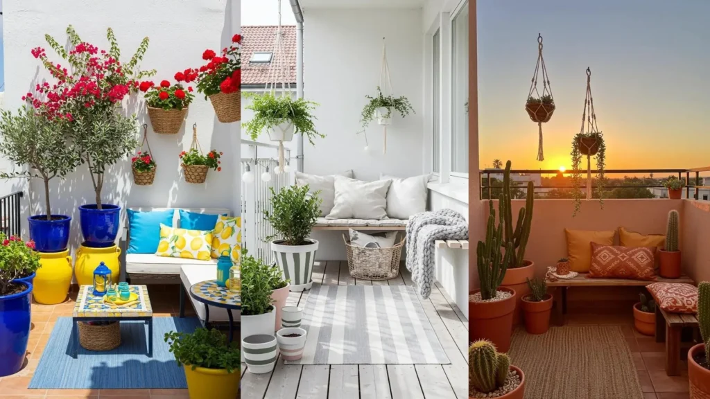 Colorful balcony garden scenes with painted pots, lush plants in hanging baskets, and inviting textile accents.