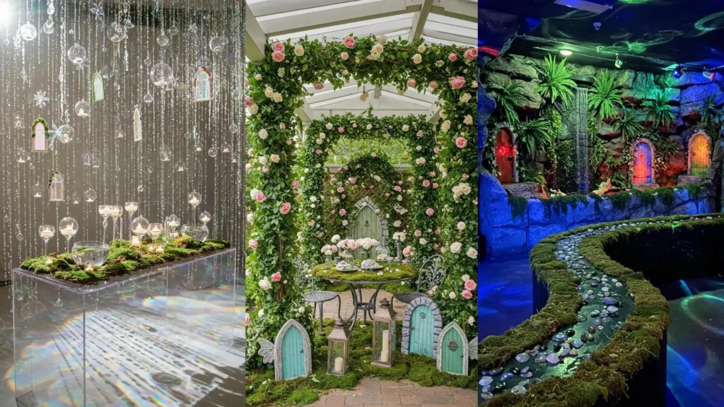 Enchanted forest party backdrops featuring moss table runners, whimsical fairy doors, and sparkling accents.