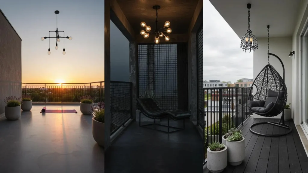Modern industrial balconies featuring black steel railings, concrete planters, and stylish Edison bulb chandeliers.