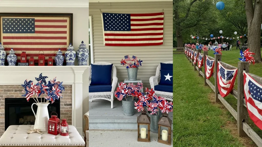 Fourth of July patriotic decor with vintage flags, red, white, and blue lanterns, and festive pinwheels for a party.