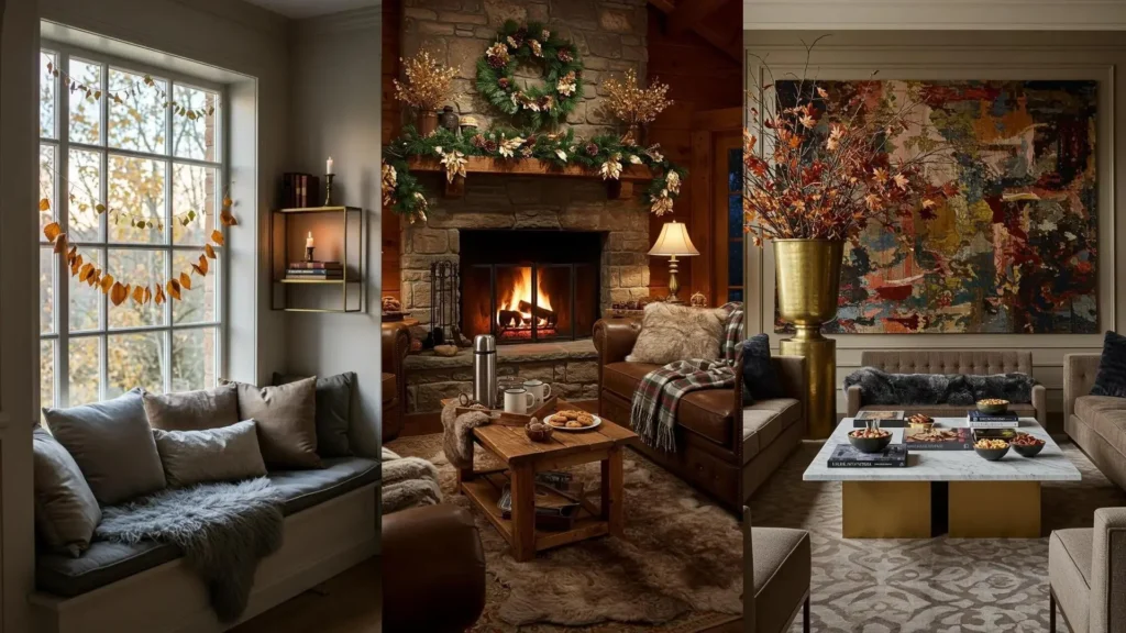 Chic autumn to winter party decor: cozy rooms with faux fur, brass accents, and dried leaves styling ideas.