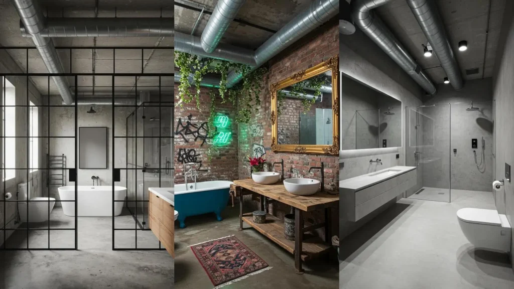 Luxe loft-style bathrooms featuring exposed ductwork, concrete flooring, and frameless mirrors.