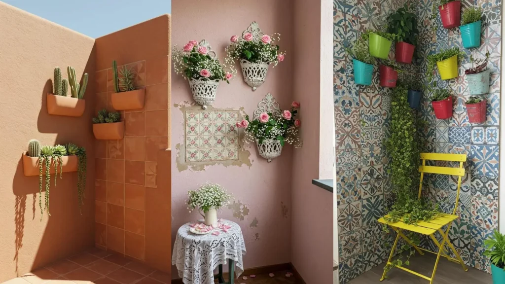 Beautiful balcony garden corners featuring wall-mounted planters, decorative tiles, and lush trailing vines.