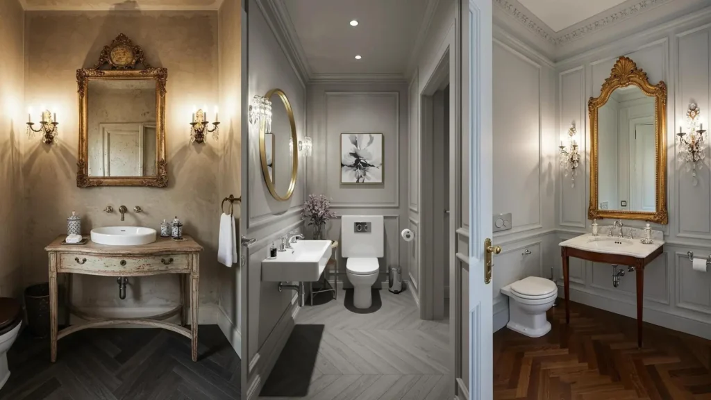 Three classic Parisian powder rooms featuring gold mirrors, crystal sconces, and elegant herringbone floors.