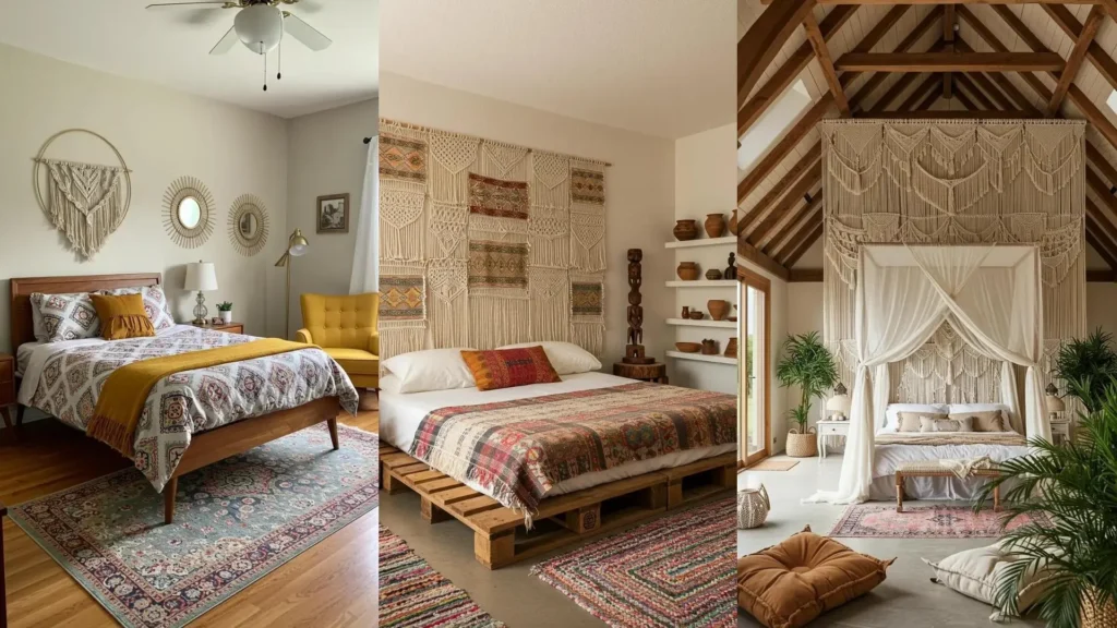 Dreamy boho-chic bedrooms with varied macrame wall hangings and cozy earthy textile bedding and rugs.