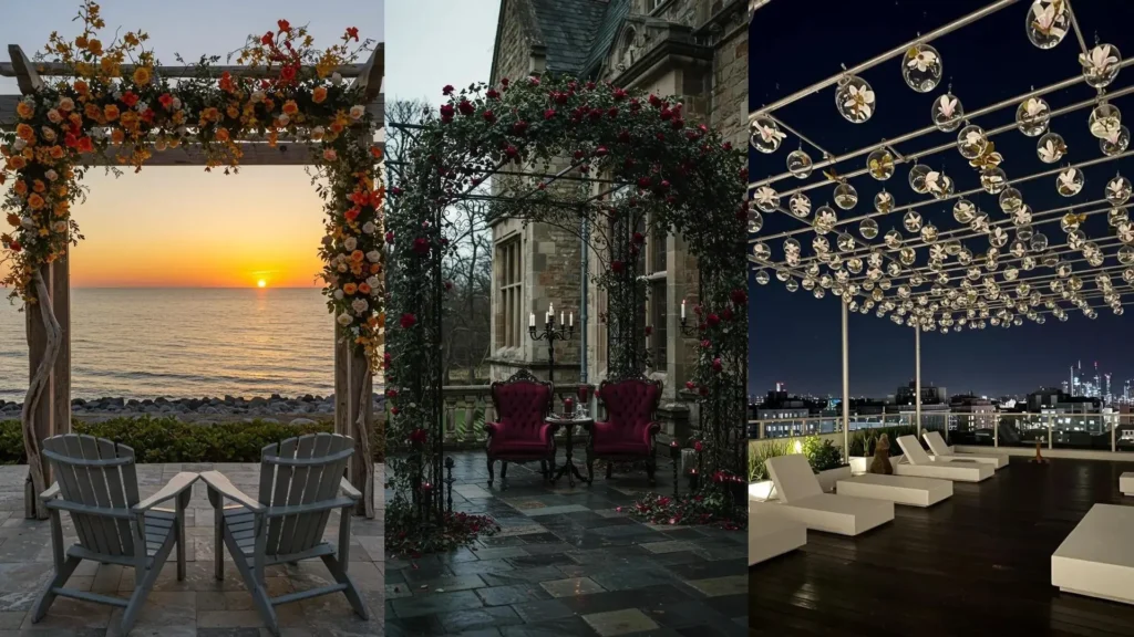Floral canopies for romantic terraces: a sunset beach arch, a gothic rose patio, and a modern rooftop with blooming orbs.