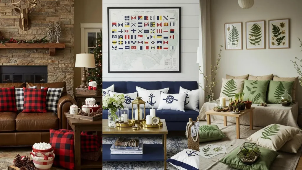 Three indoor seasonal party decor scenes: winter, nautical, and spring, featuring themed pillows, tablescapes, and wall accents.