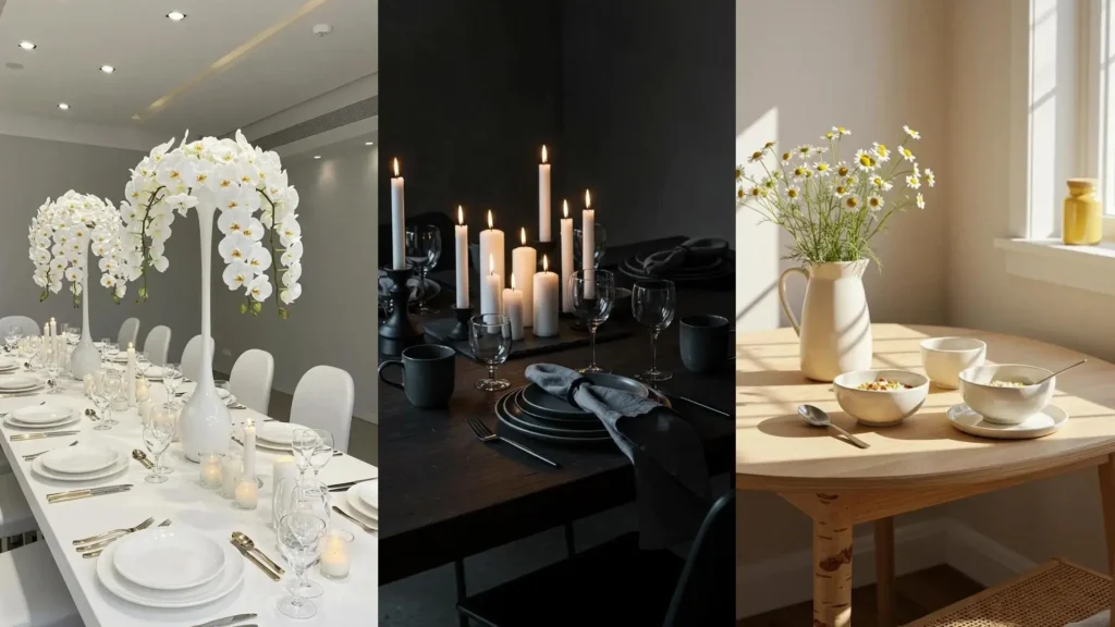 Minimalist tablescapes: elegant white with orchids, dark modern with ceramics, and light breakfast with organic bowls.