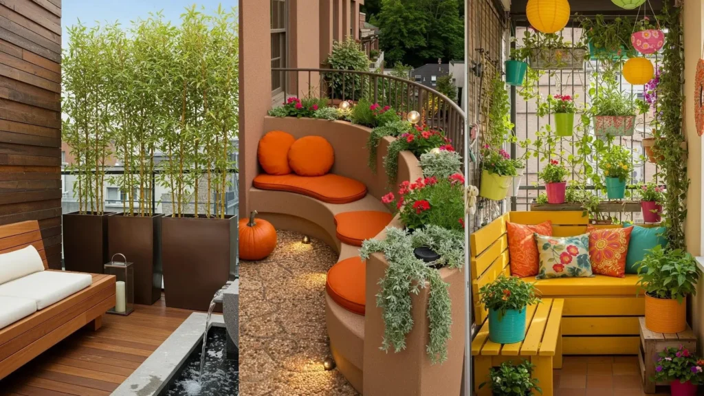 Urban garden nooks with stylish built-in seating, abundant plants, and warm-toned decor for cozy outdoor living.