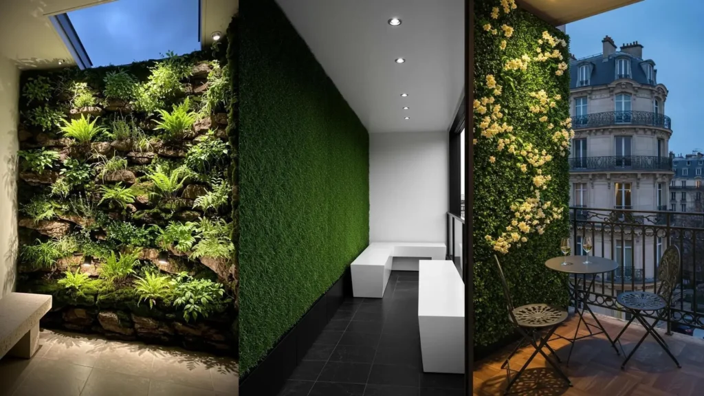 Diverse luxe green wall balconies showcasing fern panels, vibrant plants, and ambient spotlights for a modern oasis.