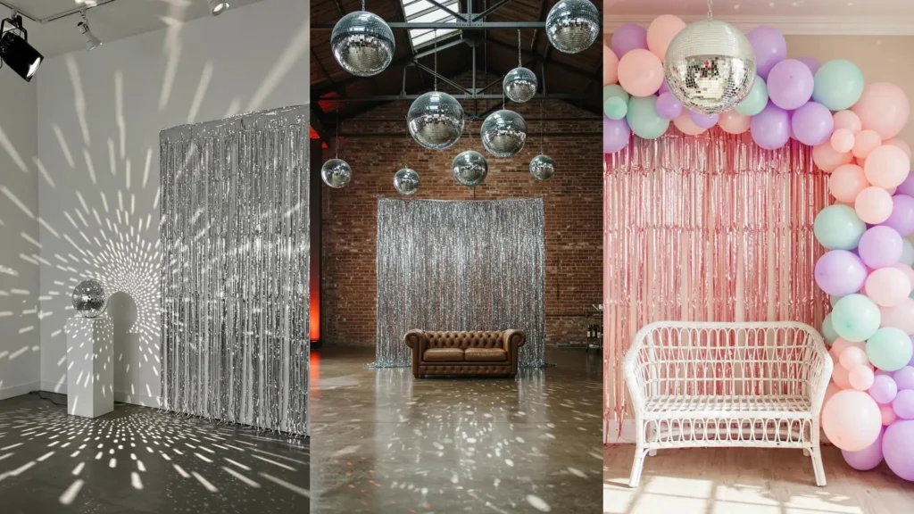 Variety of disco ball and metallic fringe curtain backdrops, perfect for dazzling party photo ops.