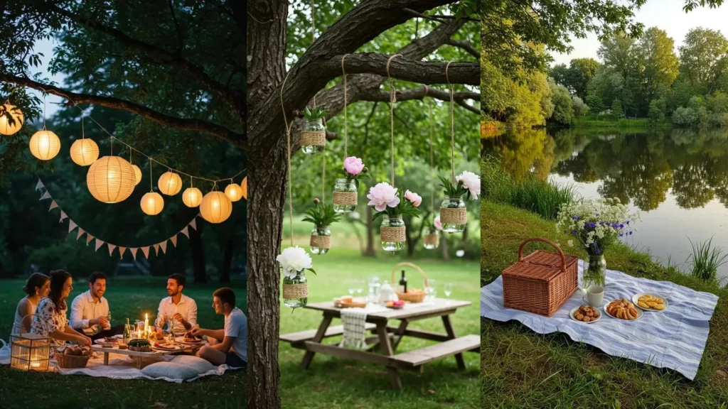 Beautiful DIY picnic party decor with woven baskets, hanging florals, and cozy linen setups for outdoor gatherings.