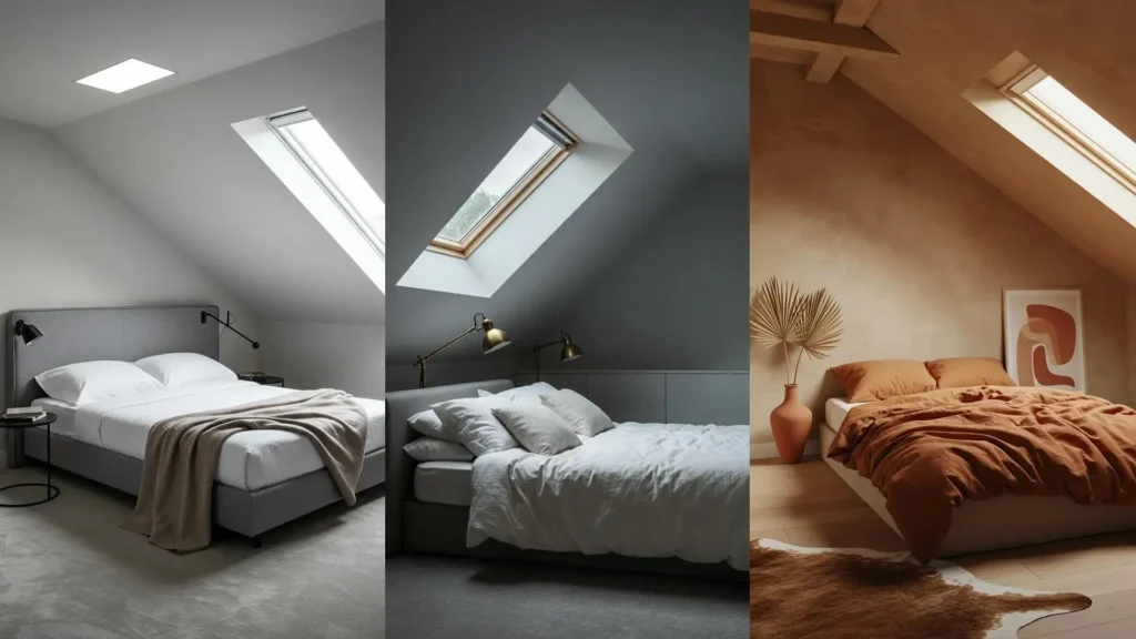 Three dreamy loft bedrooms with sloped ceilings, skylights, and soft neutral textures like linen bedding and rugs.
