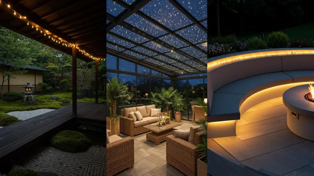 Enchanting fairy light patio settings with warm glows from string lights, starry roofs, and fire pits.