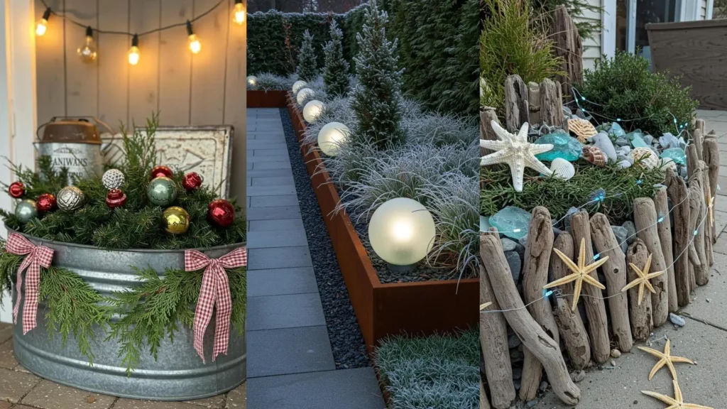 Various garden bed edges decorated for winter with festive ornaments, fresh cedar tips, and subtle lighting.