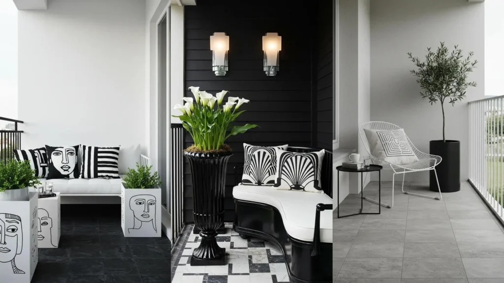Monochrome black and white balcony with graphic pillows, metal planters, and rugged tiles, showing stylish decor.