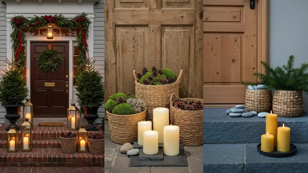 Stylish winter entryway displays featuring outdoor candles, woven baskets, evergreen garland, and festive decor.