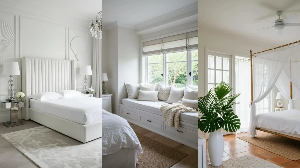 Ethereal white-on-white bedroom sanctuaries with sheer layers, organic textures, luxurious beds, and cozy window seats.