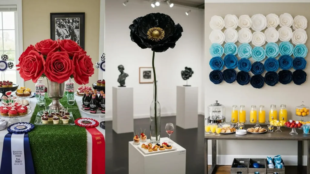 Examples of handmade party flowers in various colors, crafted from materials like coffee filters and napkins, for DIY decor.