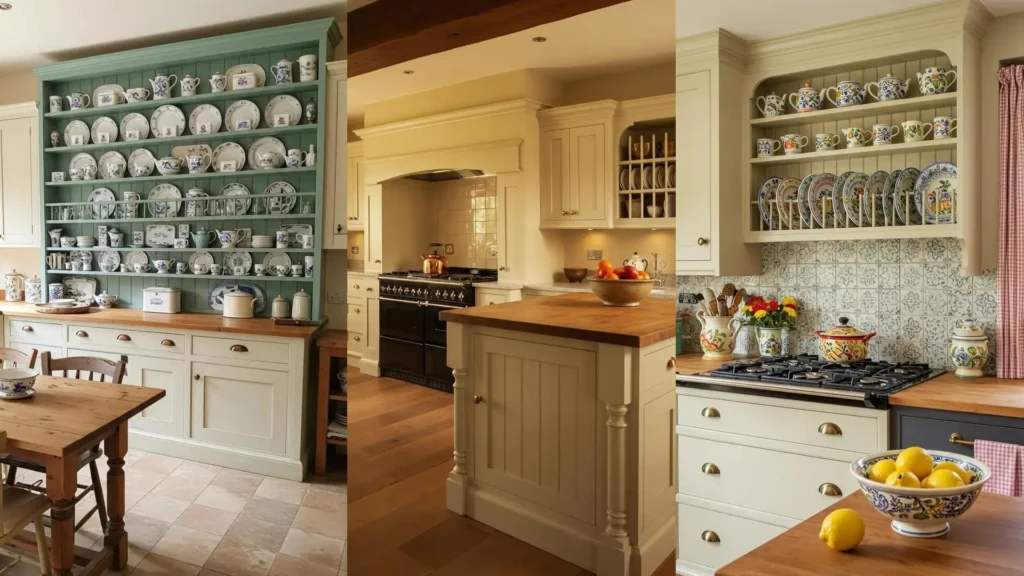 Traditional English country kitchen with buttermilk cabinets and open plate racks displaying charming crockery.