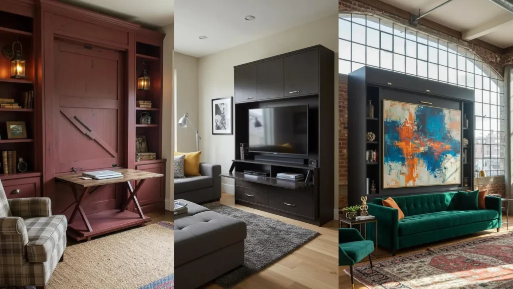 Three stylish Murphy bed setups transforming into a desk, a TV cabinet, and a large art wall for small homes.