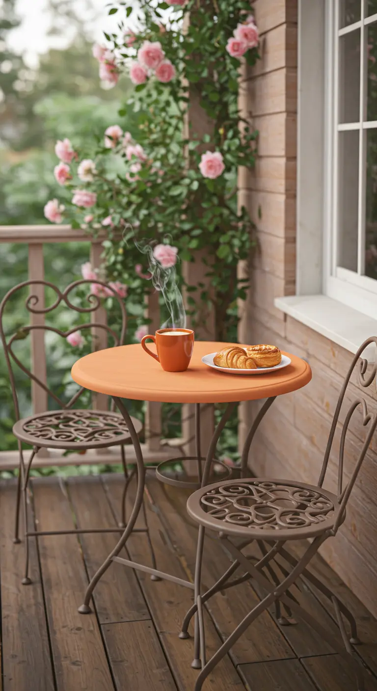 Small terra cotta bistro table on a wooden balcony next to climbing pink roses.