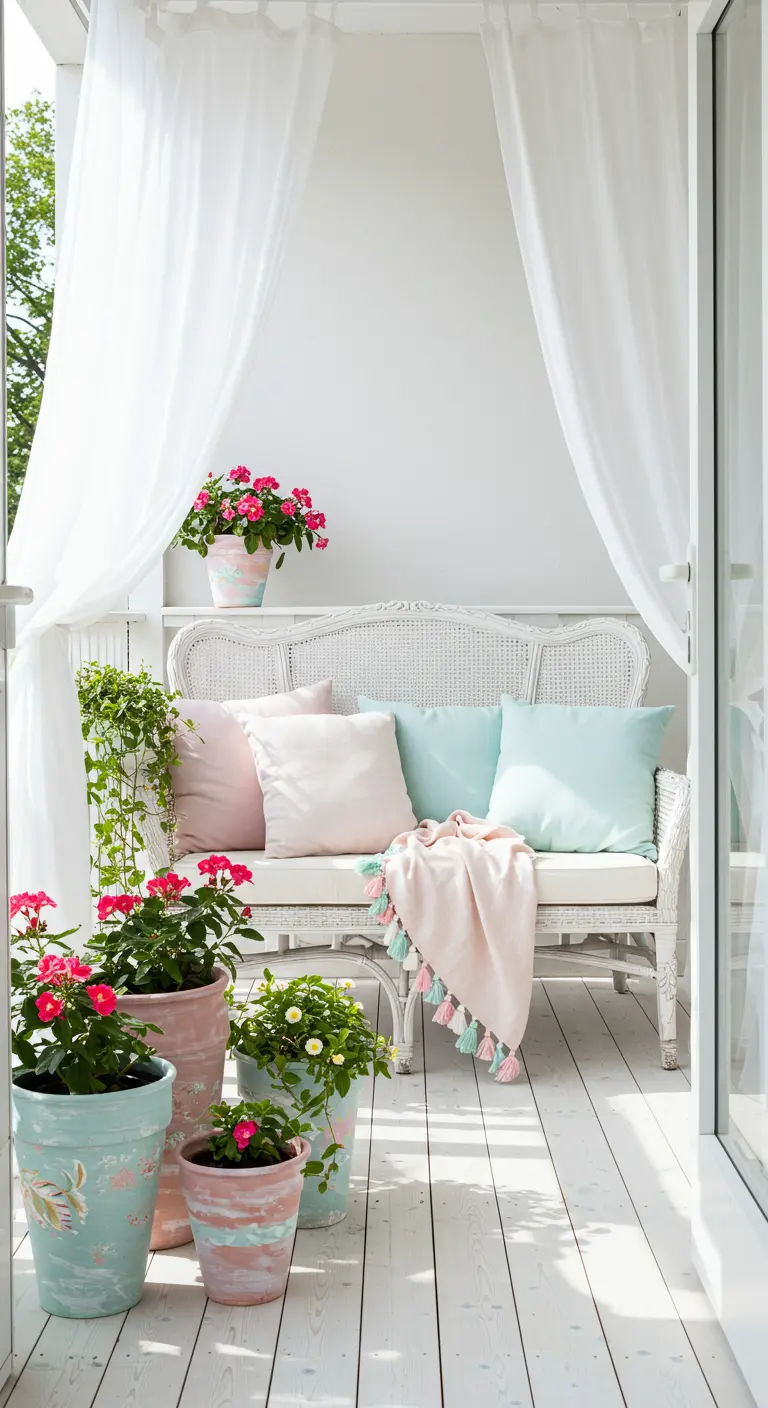 White wicker bench on a balcony with pastel pillows and flowing white curtains.
