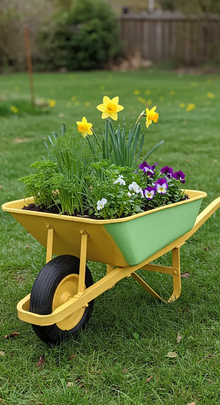 A yellow and green wheelbarrow filled with daffodils, pansies, and fresh green herbs on a lawn.
