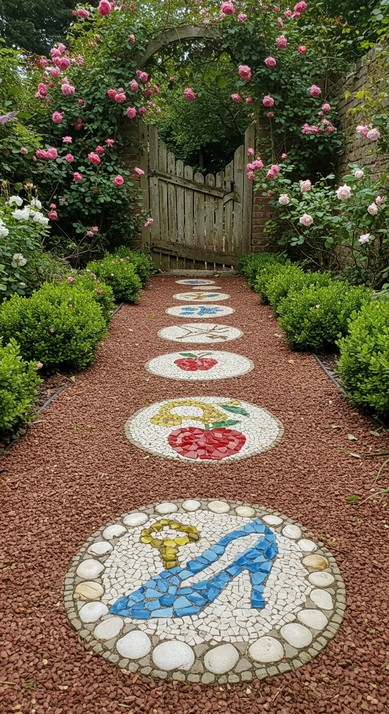 Round mosaic stepping stones with fairytale motifs like a glass slipper and an apple.