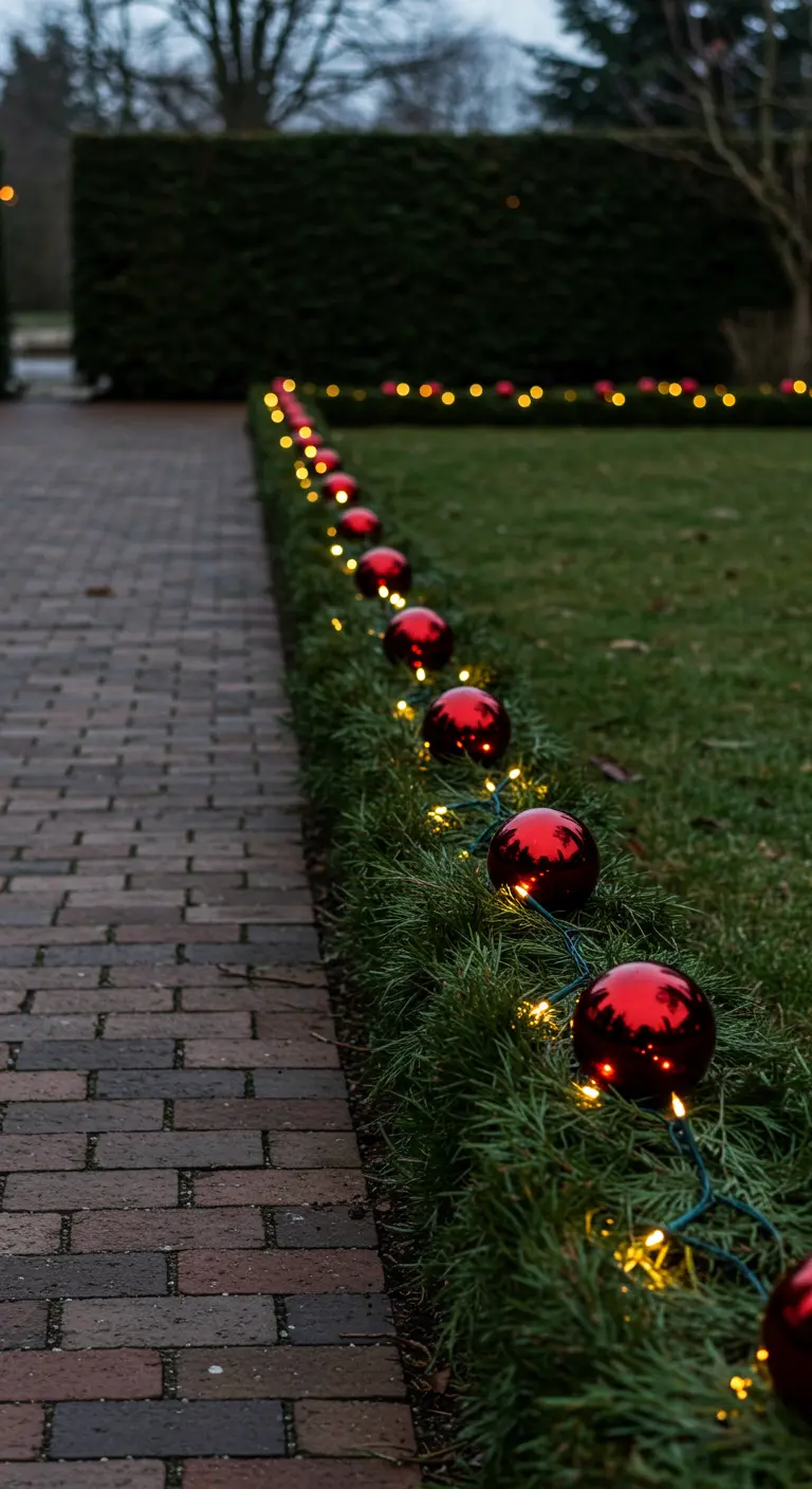 A neat line of red Christmas baubles and lights nestled in a cedar garland along a brick path.