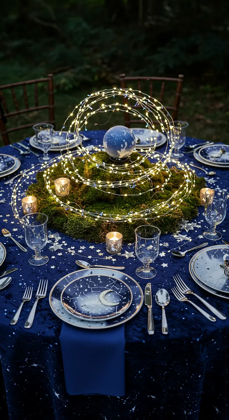 A table with a starry cloth and a moss centerpiece with lights swirled around a sphere.
