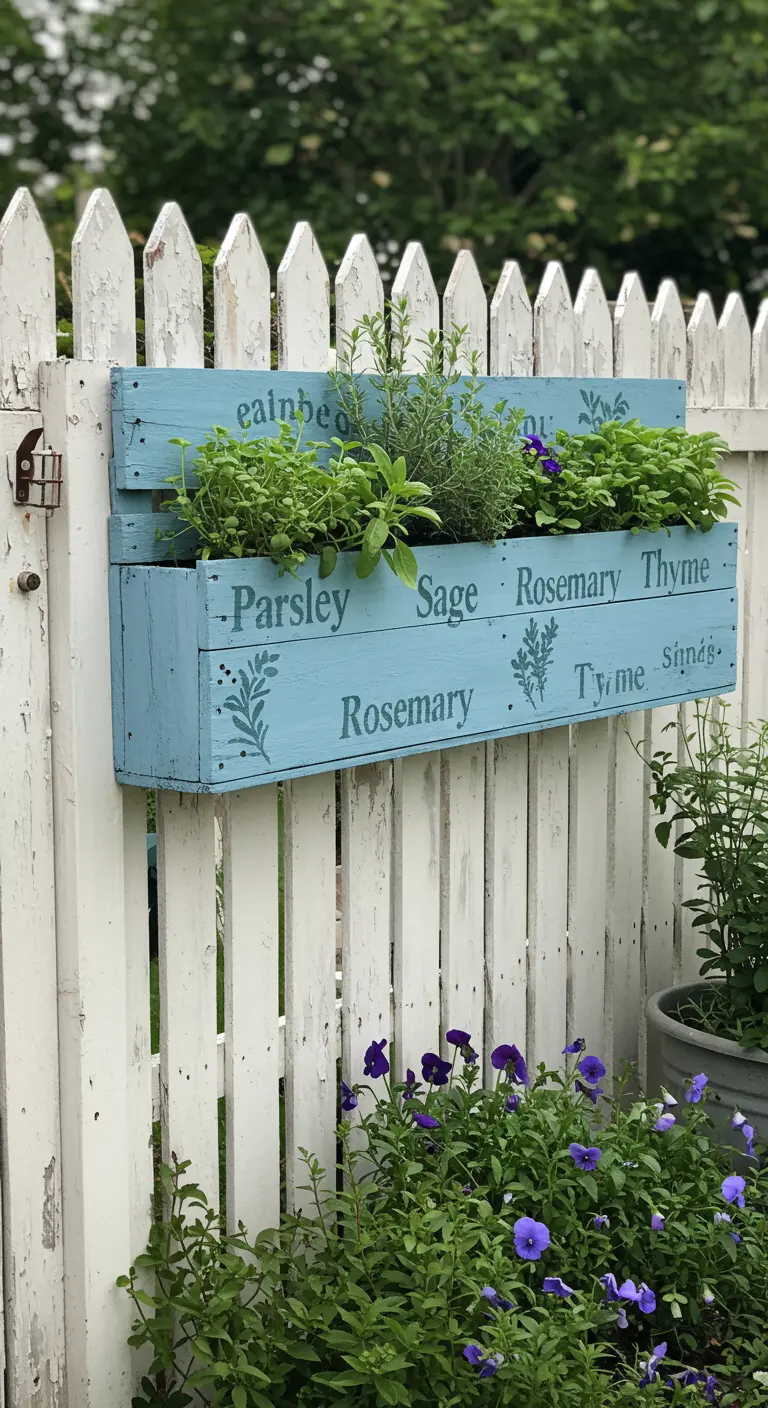 Blue pallet planter with stenciled herb names on a white picket fence.