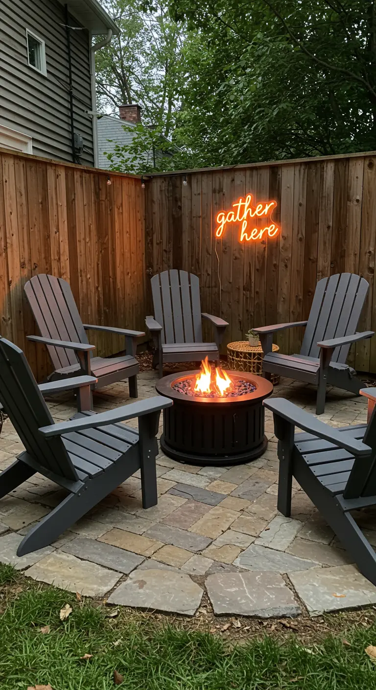 A backyard fire pit surrounded by chairs, with a neon 'gather here' sign on the fence.