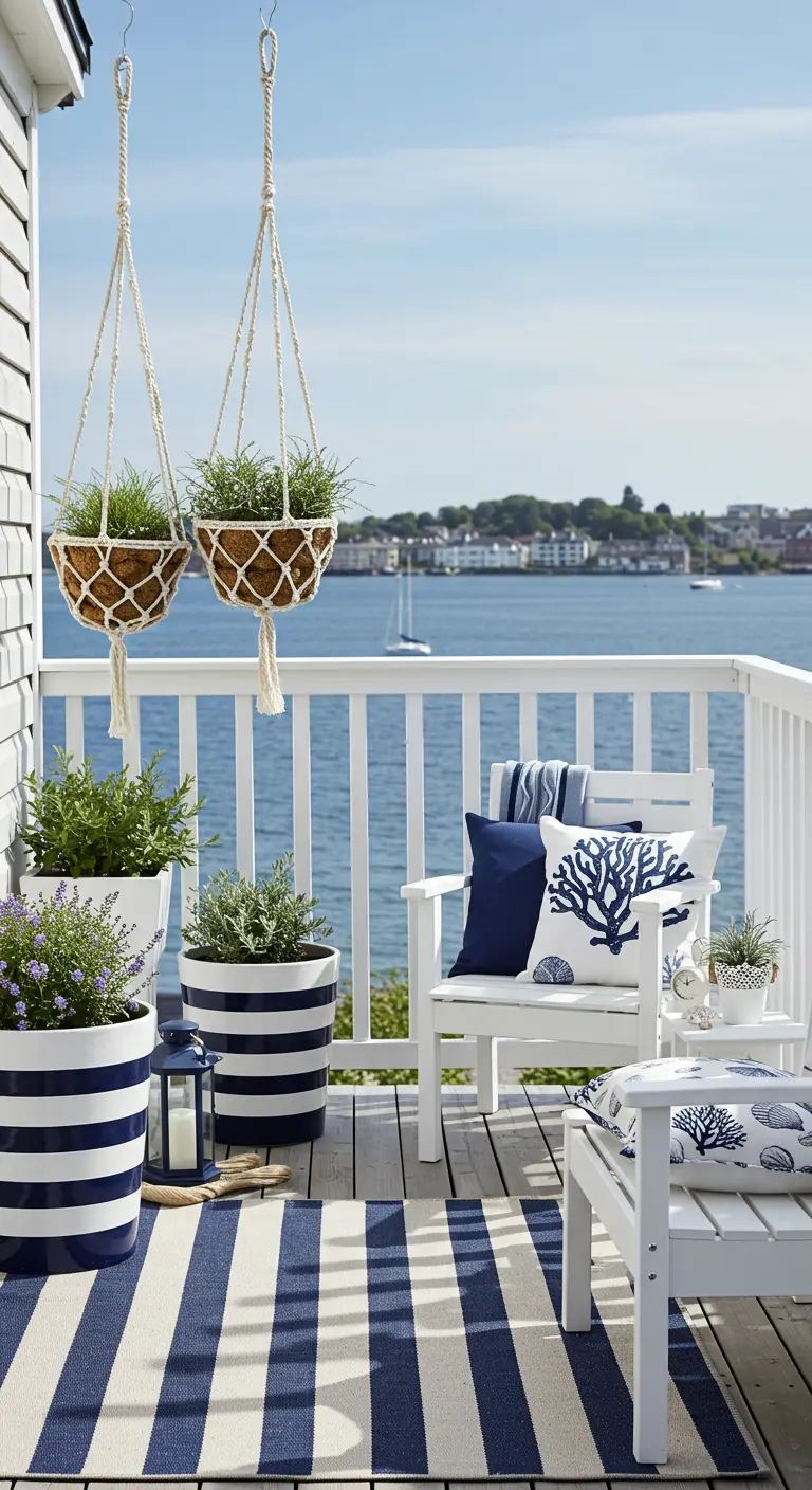 A coastal-themed balcony with navy-and-white striped pots, rug, and white furniture.