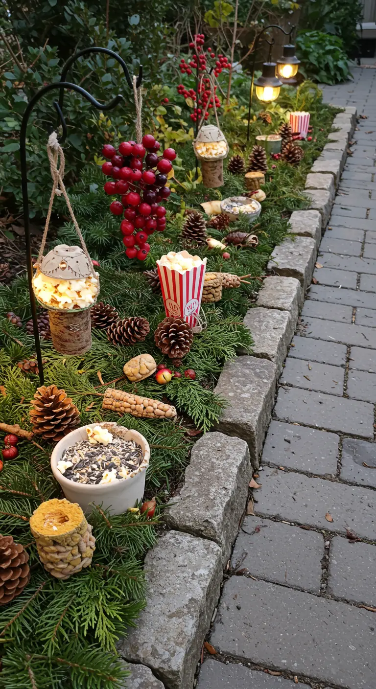 A garden bed edge decorated with pine boughs and an array of bird-friendly treats like seeds and popcorn.