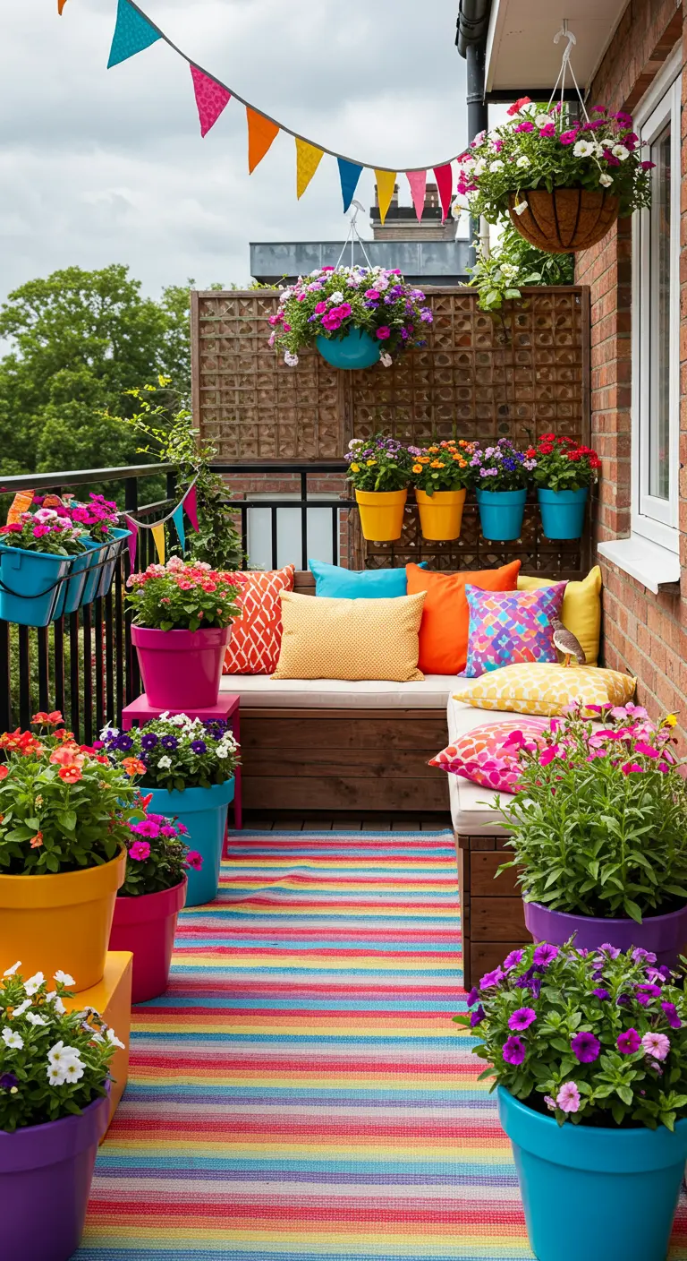 A balcony bursting with color, featuring rainbow pots, a striped rug, and bunting.