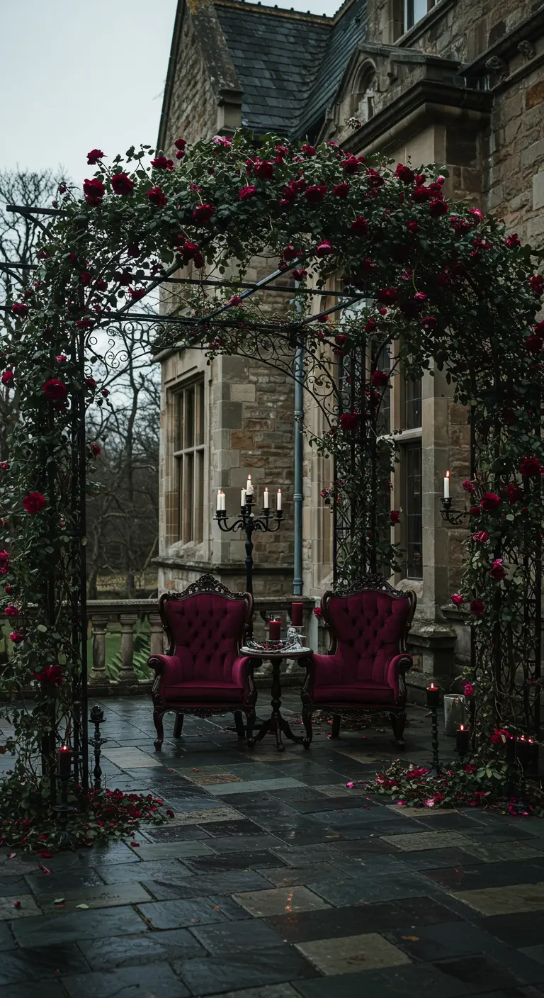 A black iron arch on a stone patio, covered in deep red roses, with ornate velvet chairs.