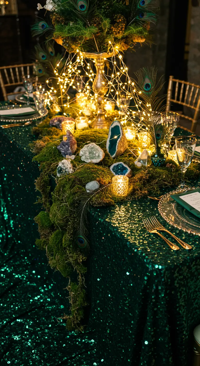 A glamorous table with a green sequin cloth, moss, peacock feathers, and crystals.