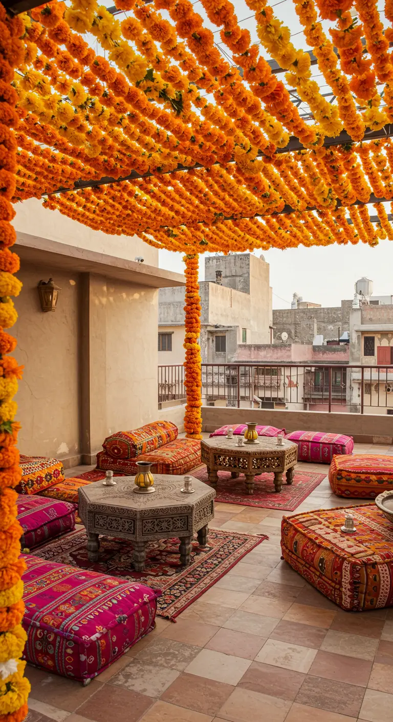 A rooftop terrace decorated with a ceiling of orange marigold garlands and colorful floor cushions.