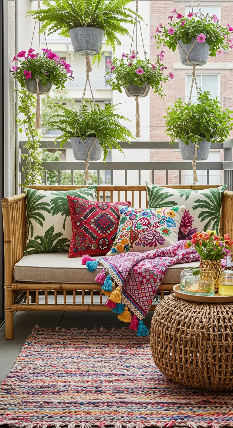Bamboo balcony bench layered with colorful embroidered pillows and a tassel blanket.