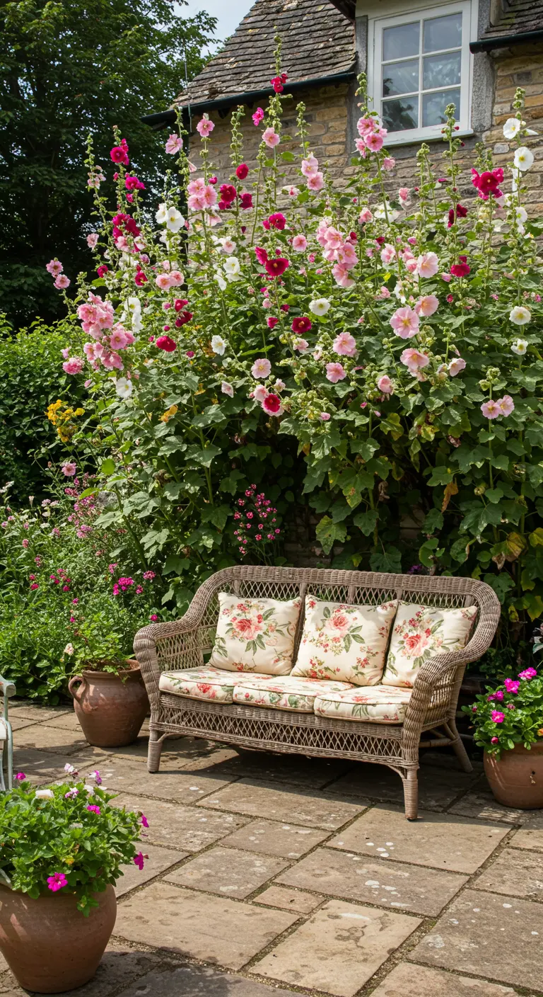 A wicker sofa with floral cushions sits in front of a tall, dense wall of pink and white hollyhocks.