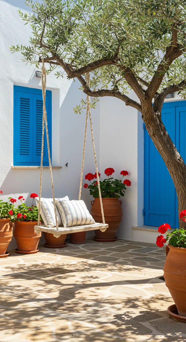 A simple plank swing hanging from an olive tree in a white courtyard with blue shutters.
