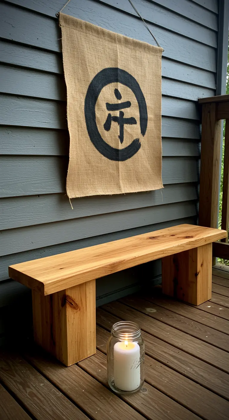 A clean wooden bench on a deck with a burlap hanging featuring a Japanese symbol.