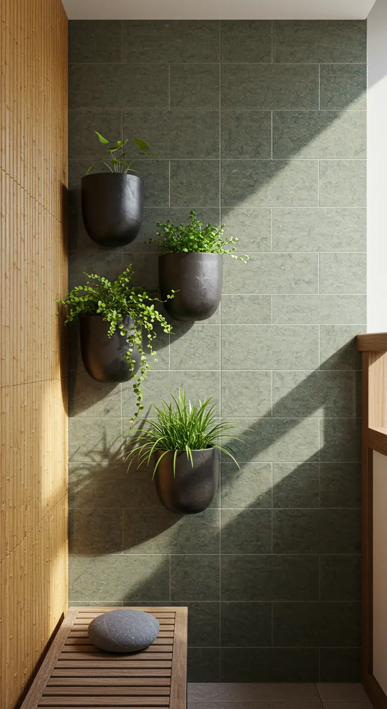 Zen balcony with green tiles, bamboo wall, and minimalist wall planters with ferns.