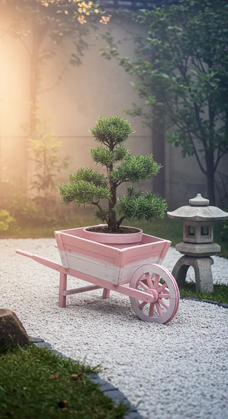 A small pink and white wooden cart holding a single rosemary topiary in a zen garden.