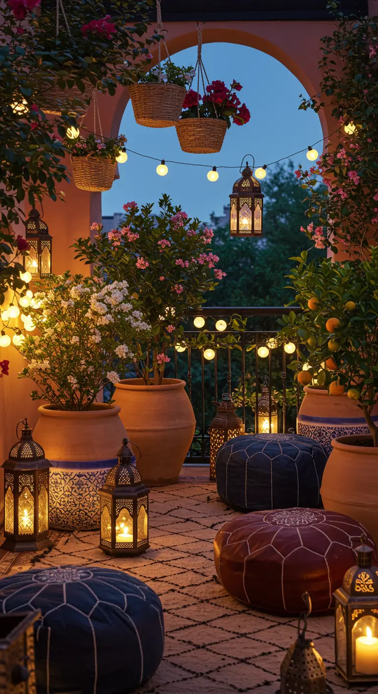 A romantic Moroccan-themed balcony at night with glowing lanterns and floor poufs.